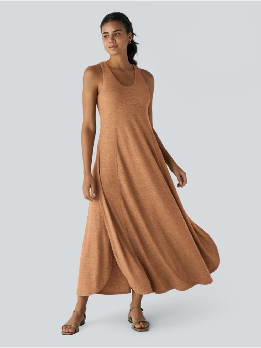 Halara U Neck Flowy Maxi Casual Tank Dress Pumpkin Orange Floral Yarn